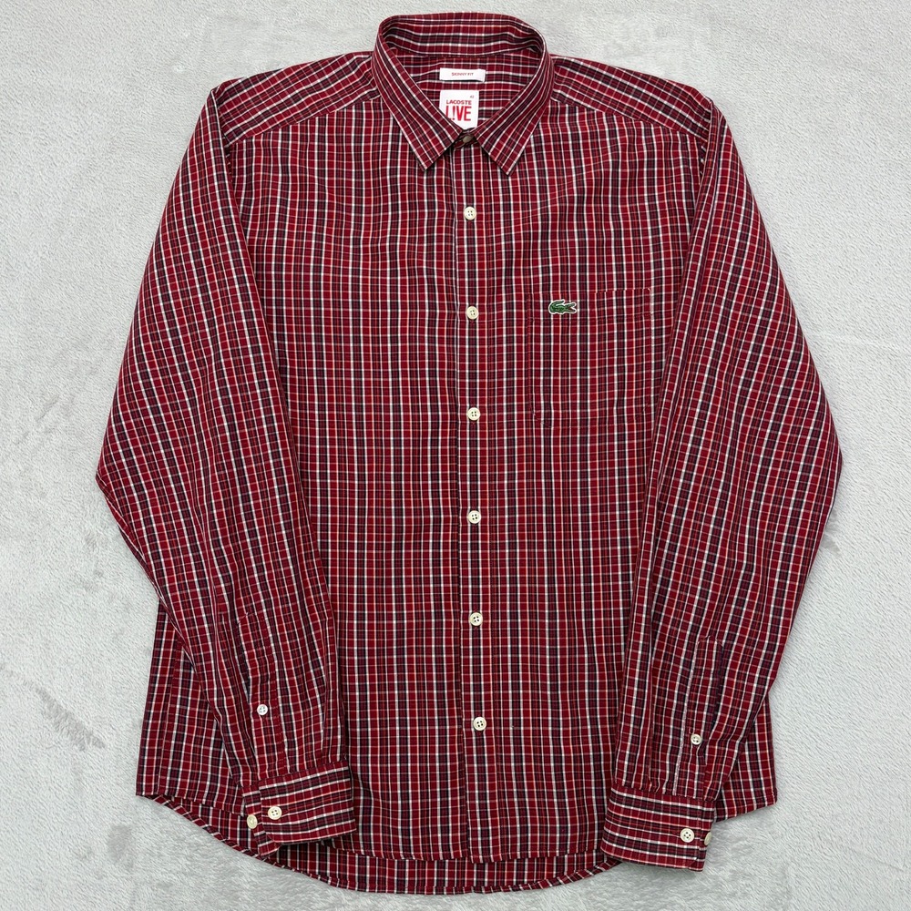 Lacoste Live Lightweight Skinny Fit Red Plaid Spread Collar Shirt FR42 M logo